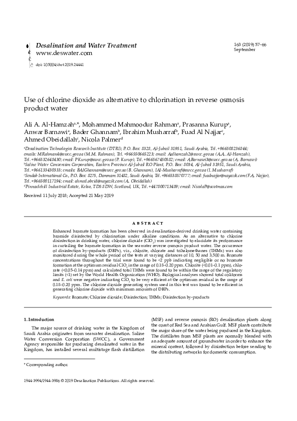 (PDF) Use of chlorine dioxide as alternative to chlorination in reverse
