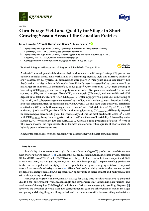 (PDF) Corn Forage Yield and Quality for Silage in Short Growing Season ...