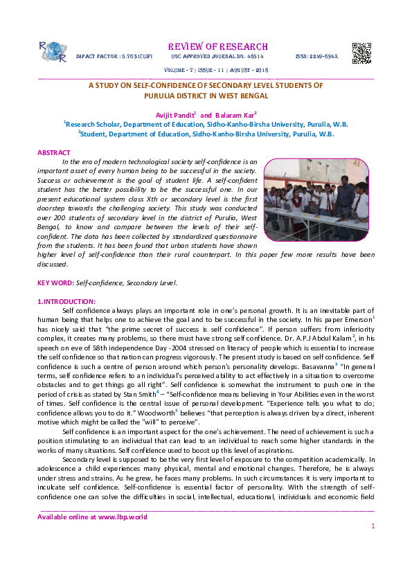 (PDF) A Study on Self-Confidence of Secondary Level Students of Purulia ...