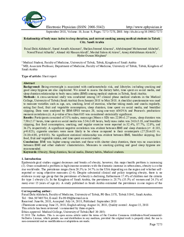 (PDF) Relationship of body mass index to sleep duration, and current ...