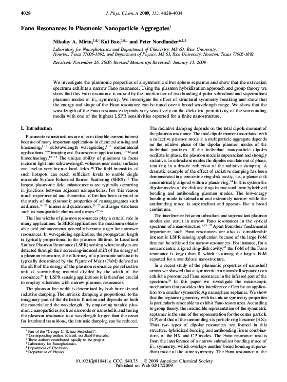 (PDF) Fano Resonances in Plasmonic Nanoparticle Aggregates