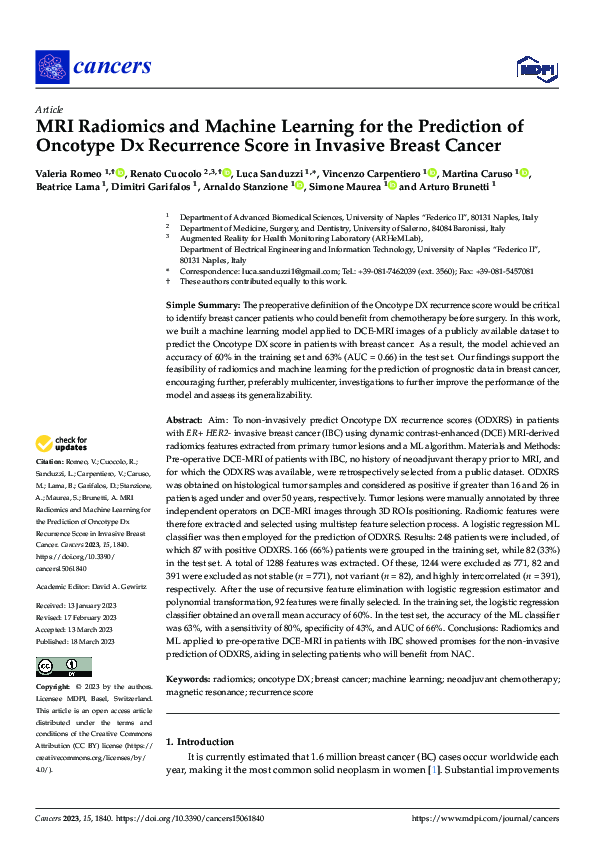 (PDF) MRI Radiomics and Machine Learning for the Prediction of Oncotype ...