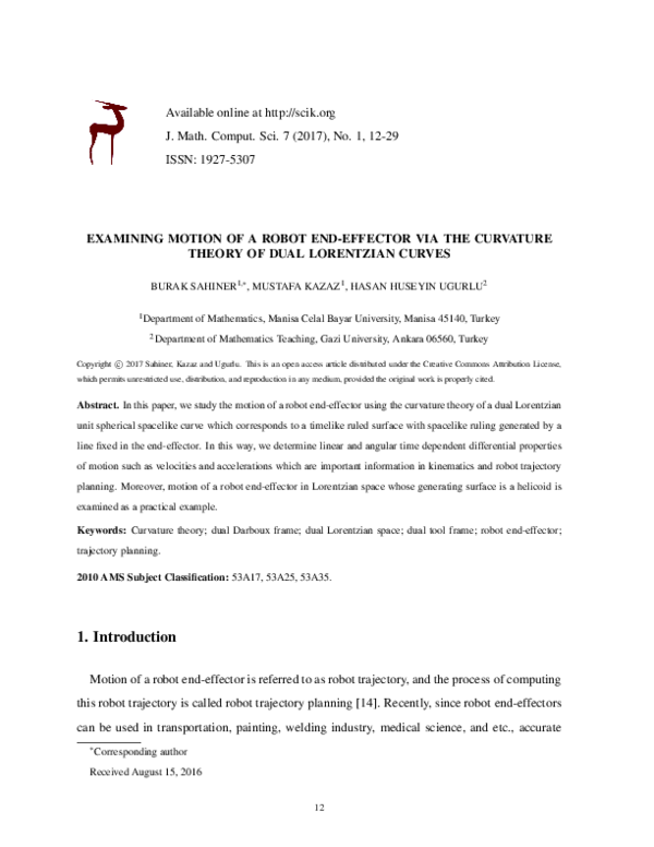 (PDF) Examining motion of a robot end-effector via the curvature theory ...