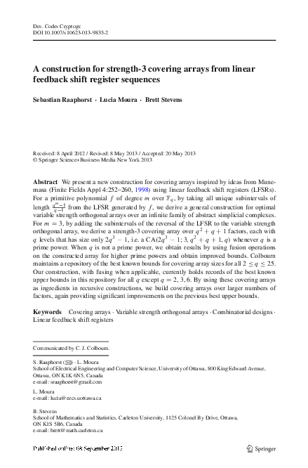 (PDF) A construction for strength-3 covering arrays from linear ...