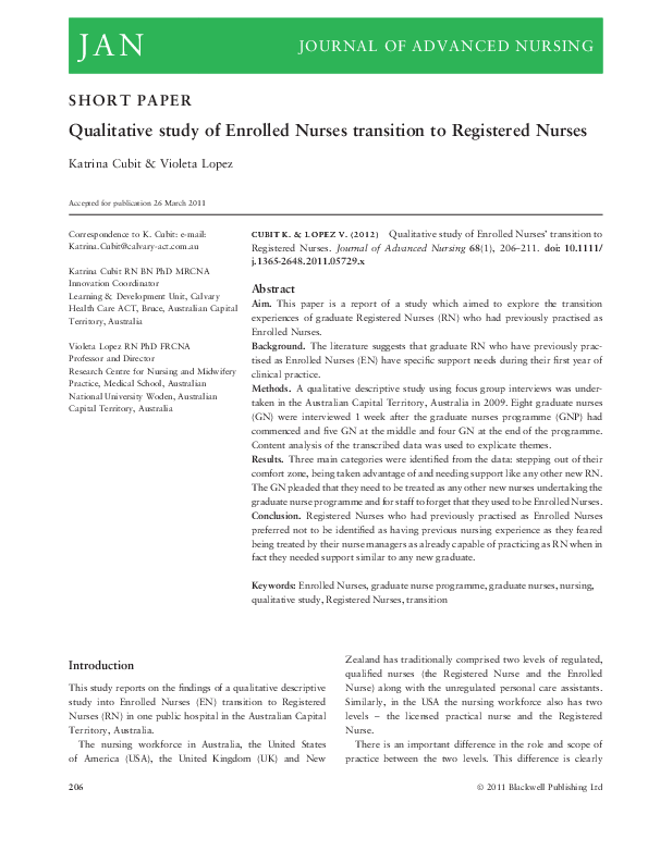 Pdf Qualitative Study Of Enrolled Nurses Transition To Registered Nurses