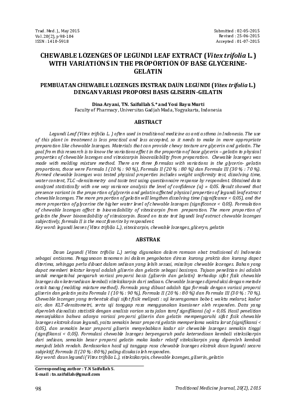 (PDF) CHEWABLE LOZENGES OF LEGUNDI LEAF EXTRACT (Vitex trifolia L ...