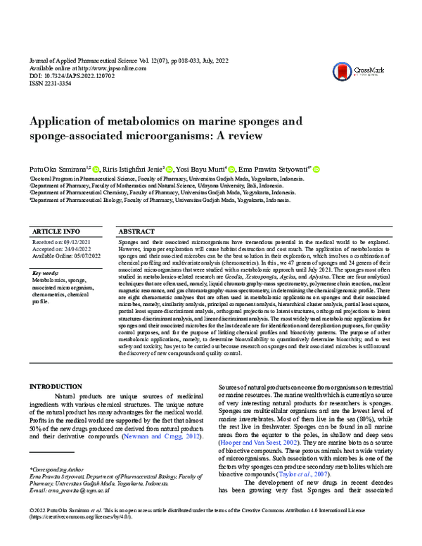 (PDF) Application of metabolomics on marine sponges and sponge ...
