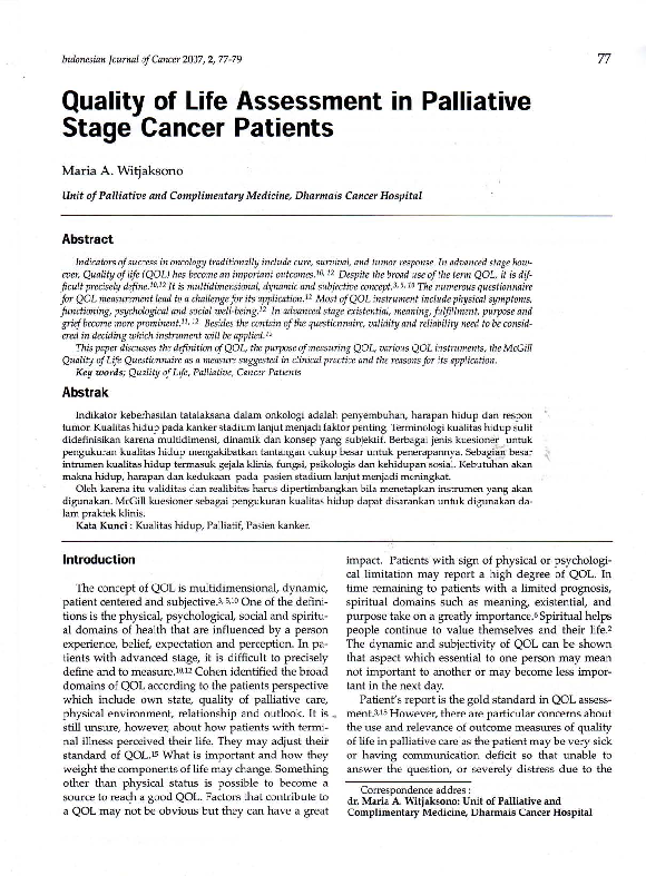 (PDF) Quality of Life Assessment in Palliative Stage Cancer Patients
