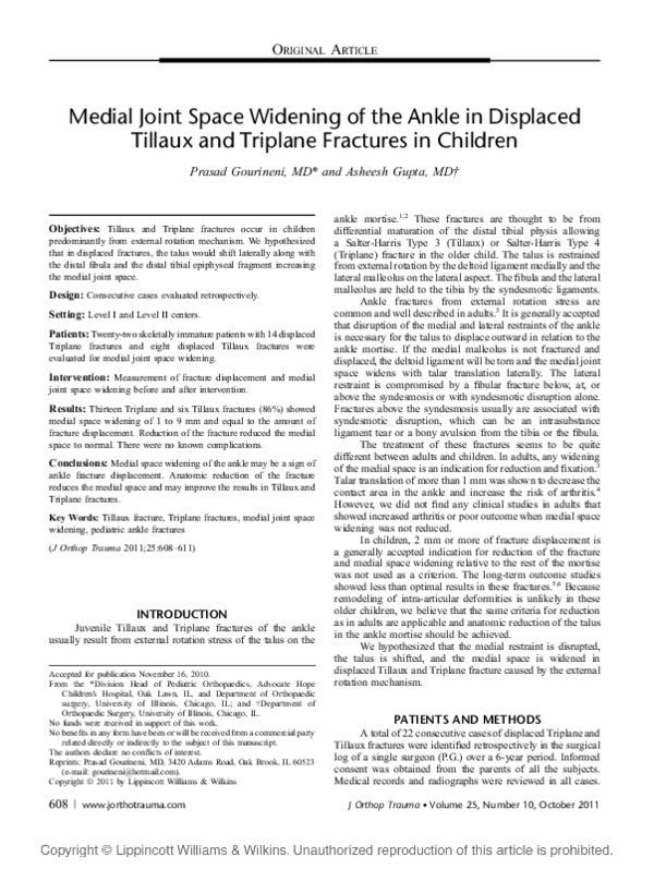 (PDF) Medial Joint Space Widening of the Ankle in Displaced Tillaux and ...