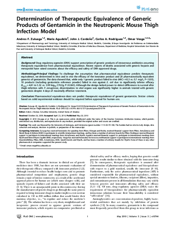 Determination of Therapeutic Equivalence of Generic Products of Gentamicin in the Neutropenic Mouse Thigh Infection Model