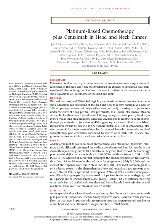 (PDF) Platinum-Based Chemotherapy plus Cetuximab in Head and Neck Cancer
