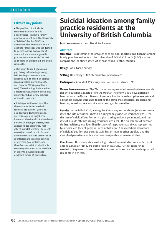 (PDF) Suicidal ideation among family practice residents at the ...