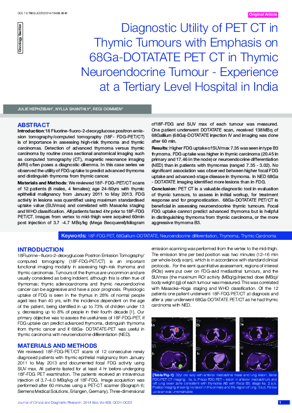 (PDF) Diagnostic Utility of PET CT in Thymic Tumours with Emphasis on ...