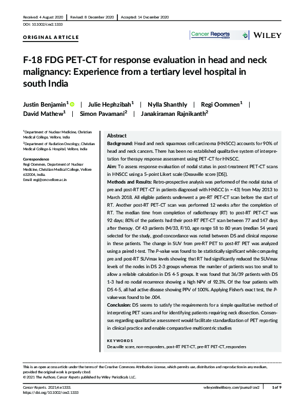 (PDF) F‐18 FDG PET‐CT for response evaluation in head and neck ...