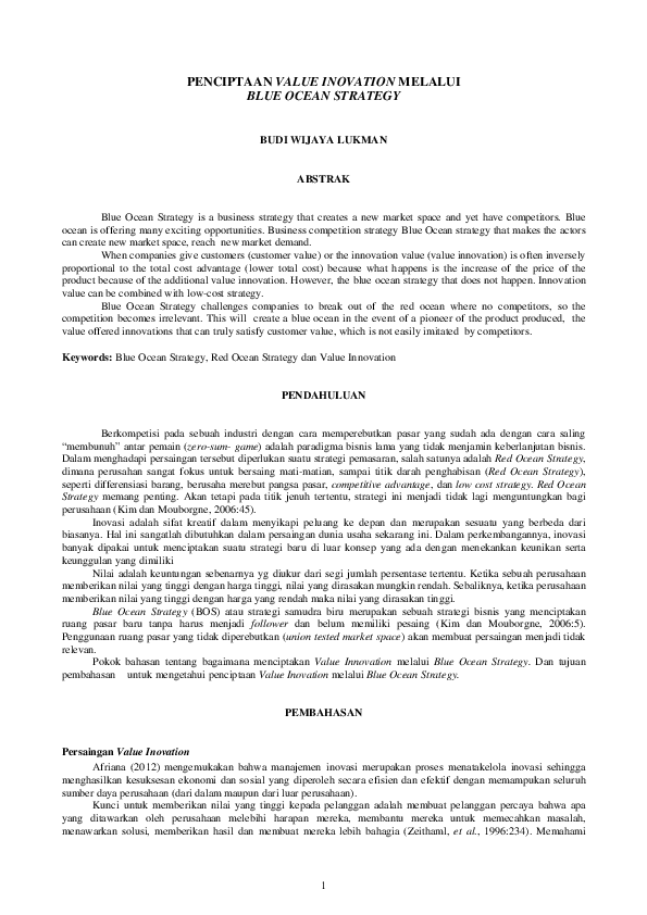 (PDF) Penciptaan Value Inovation Melalui Blue Ocean Strategy
