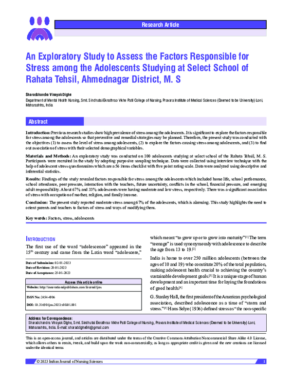(PDF) An Exploratory Study to Assess the Factors Responsible for Stress ...