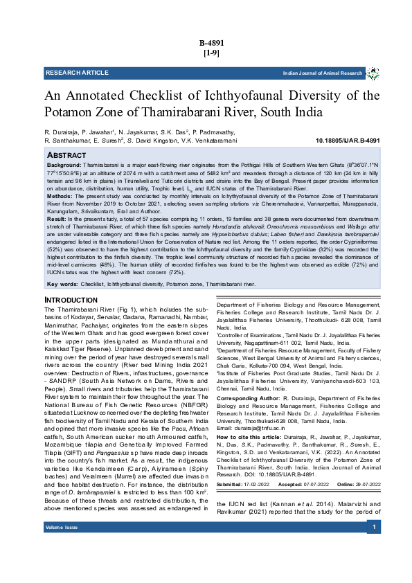 (PDF) An Annotated Checklist of Ichthyofaunal Diversity of the Potamon ...