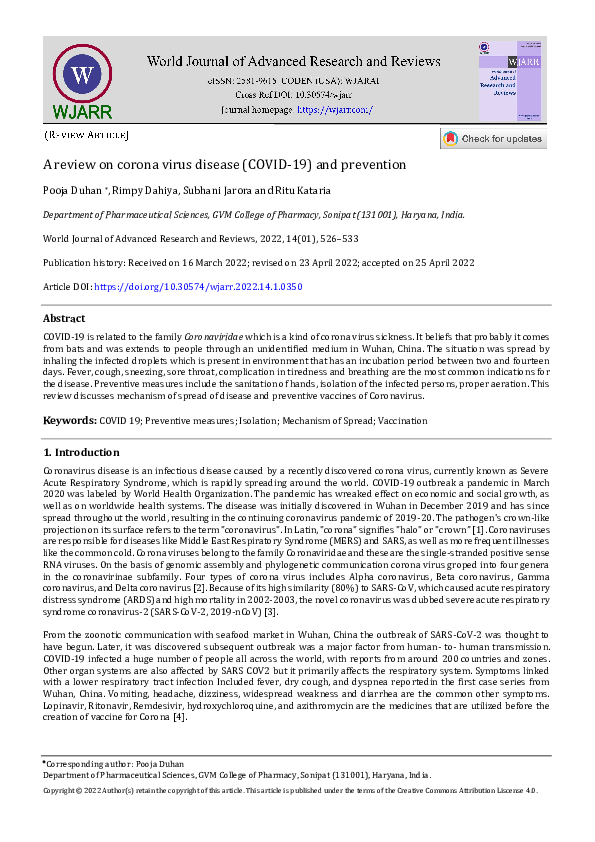 (PDF) A review on corona virus disease (COVID-19) and prevention