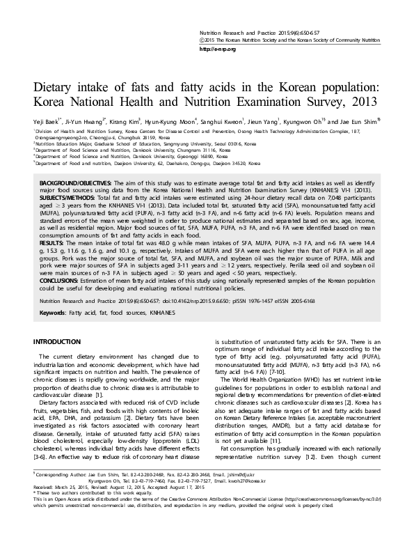 (PDF) Dietary intake of fats and fatty acids in the Korean population ...