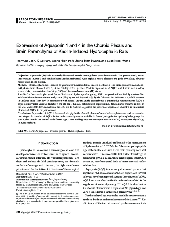 (PDF) Expression of Aquaporin 1 and 4 in the Choroid Plexus and Brain ...