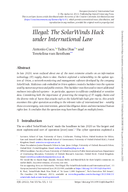(PDF) Illegal: The SolarWinds Hack under International Law