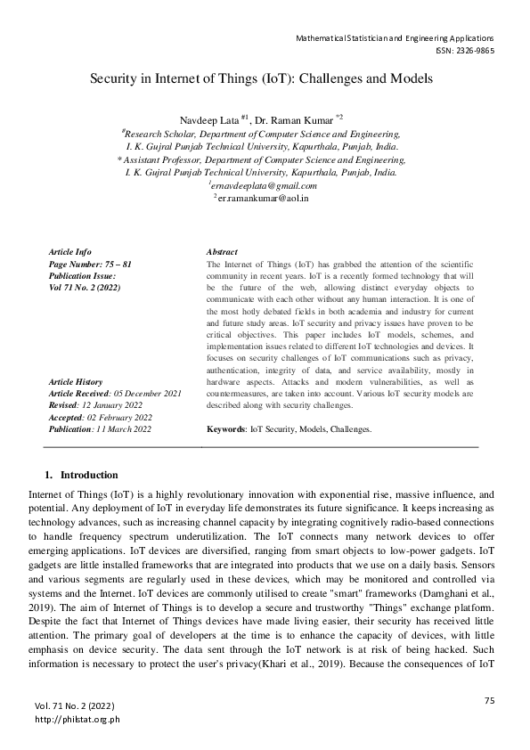 (PDF) Security in Internet of Things (IoT): Challenges and Models