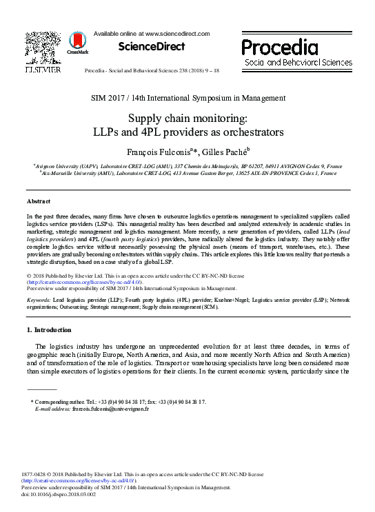 (PDF) Supply Chain Monitoring: LLPs and 4PL Providers as Orchestrators