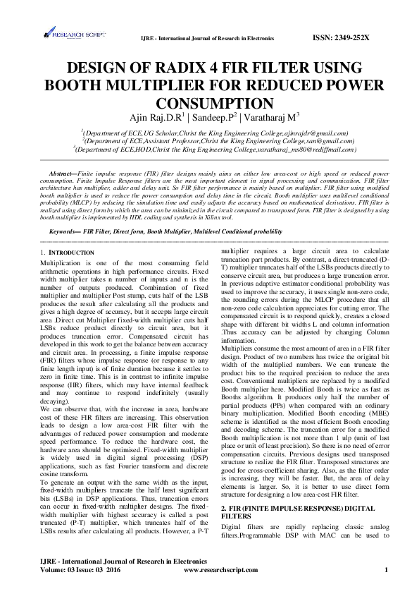 (PDF) Design of Radix 4 Fir Filter Using Booth Multiplier for Reduced ...