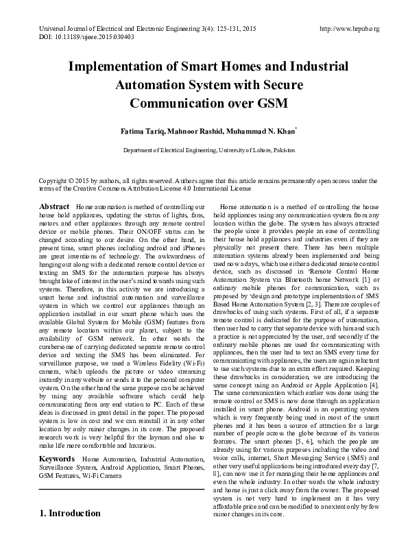 (PDF) Implementation of Smart Homes and Industrial Automation System ...