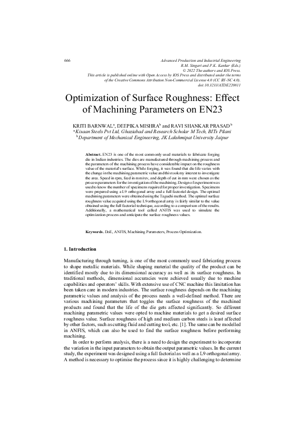 (PDF) Optimization of Surface Roughness: Effect of Machining Parameters ...