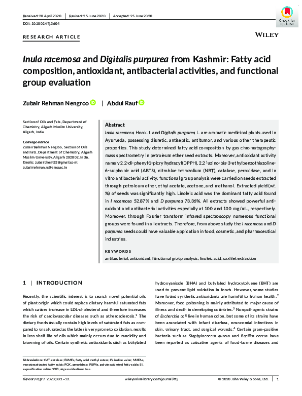 (PDF) Inula racemosa and Digitalis purpurea from Kashmir: Fatty acid ...