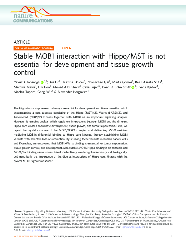 (PDF) Stable MOB1 interaction with Hippo/MST is not essential for ...