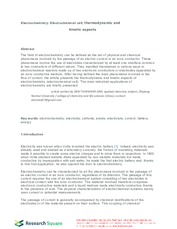 (PDF) Electrochemistry: Electrochemical cell, thermodynamic and kinetic ...