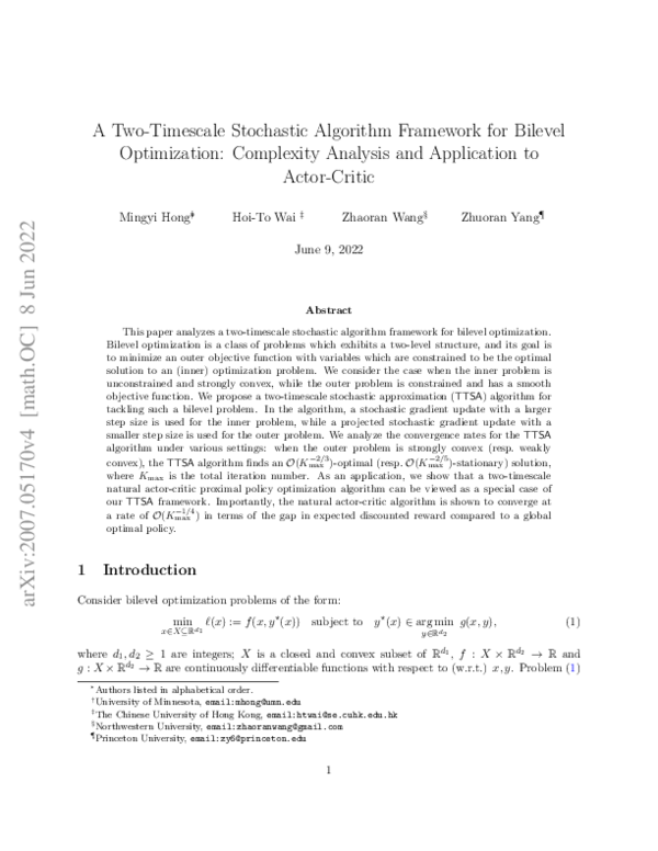 (PDF) A Two-Timescale Framework for Bilevel Optimization: Complexity ...