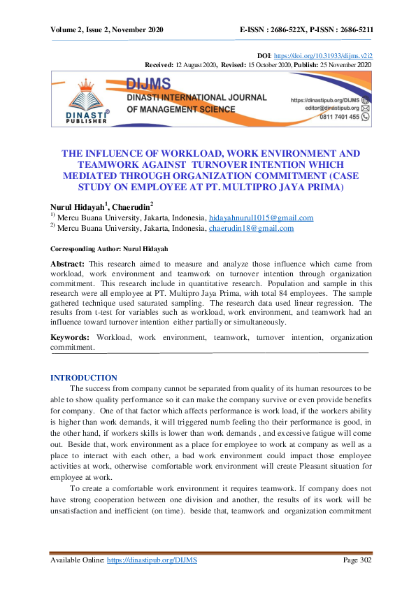 (PDF) The Influence of Workload, Work Environment and Teamwork Against ...