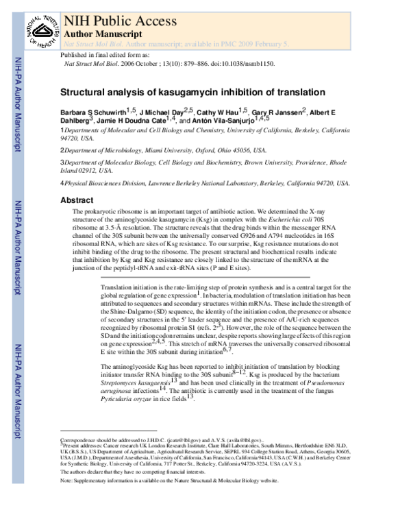 (PDF) Structural analysis of kasugamycin inhibition of translation