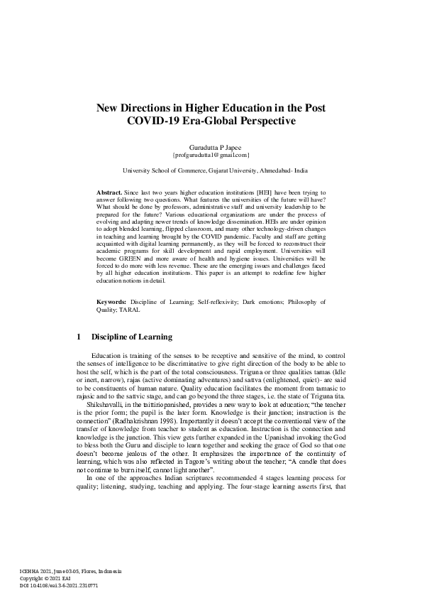 (PDF) New Directions in Higher Education in the Post COVID-19 Era ...