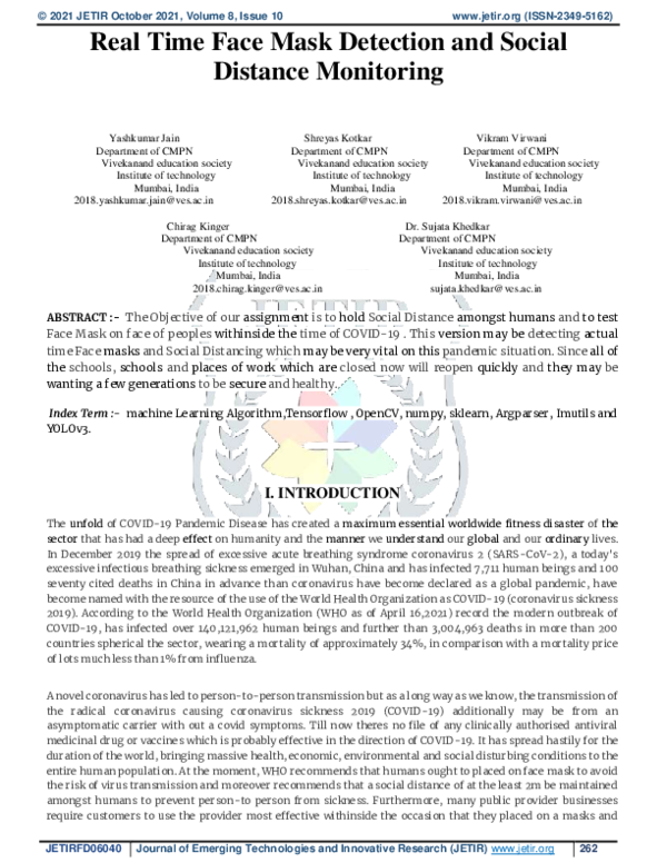 (PDF) Real Time Face Mask Detection and Social Distance Monitoring