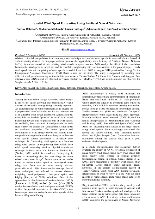 (PDF) Spatial Wind Speed Forecasting Using Artificial Neural Networks