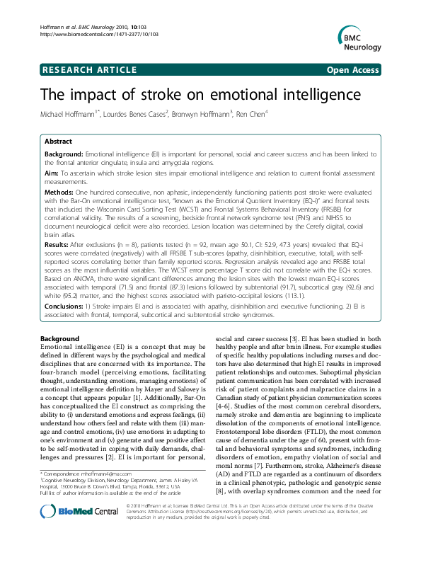 (PDF) The impact of stroke on emotional intelligence