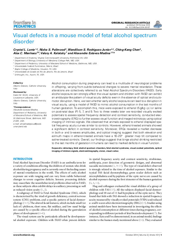 (PDF) Visual defects in a mouse model of fetal alcohol spectrum disorder