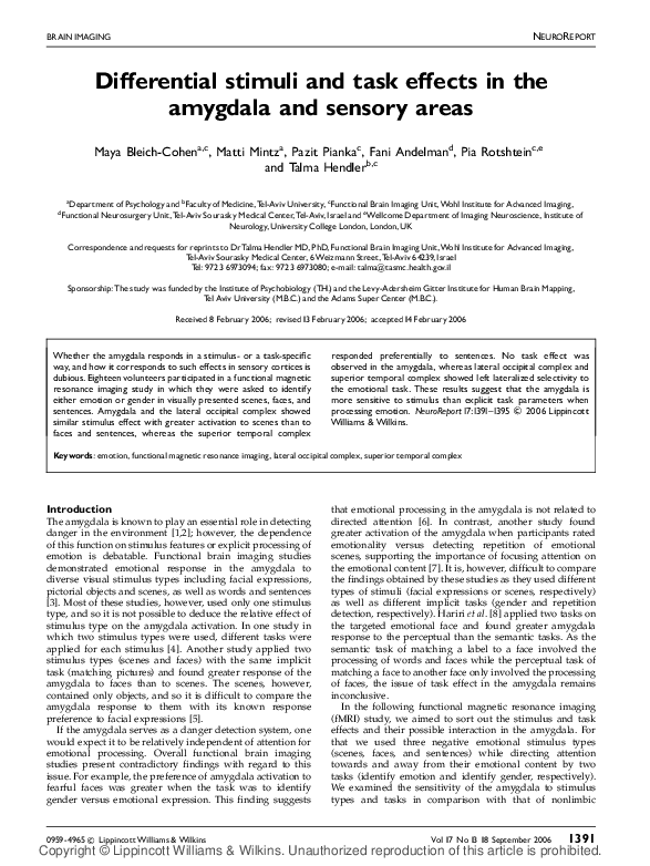 (PDF) Differential stimuli and task effects in the amygdala and sensory ...