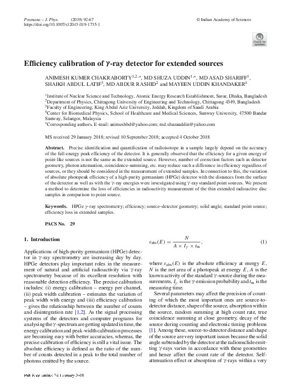 (PDF) Efficiency calibration of $$\upgamma $$ γ -ray detector for ...