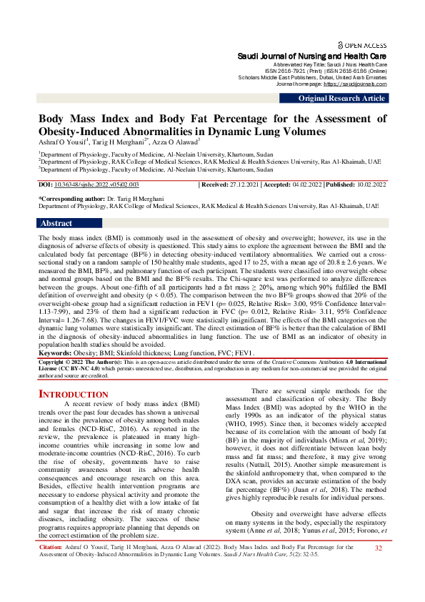 (PDF) Body Mass Index and Body Fat Percentage for the Assessment of ...