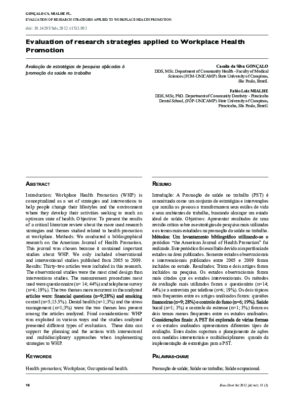 (PDF) Evaluation of research strategies applied to Workplace Health ...