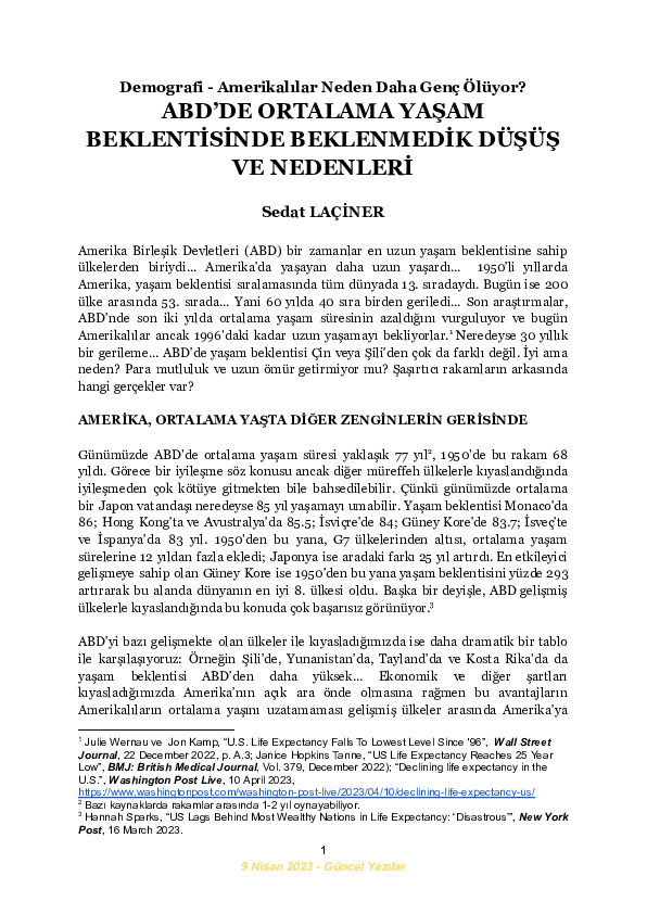 ABD'de Ortalama Yaşam Beklentisinde Beklenmedik Düşüş ve Nedenleri