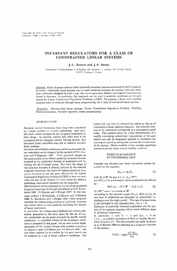 (PDF) Invariant Regulators for a Class of Constrained Linear Systems