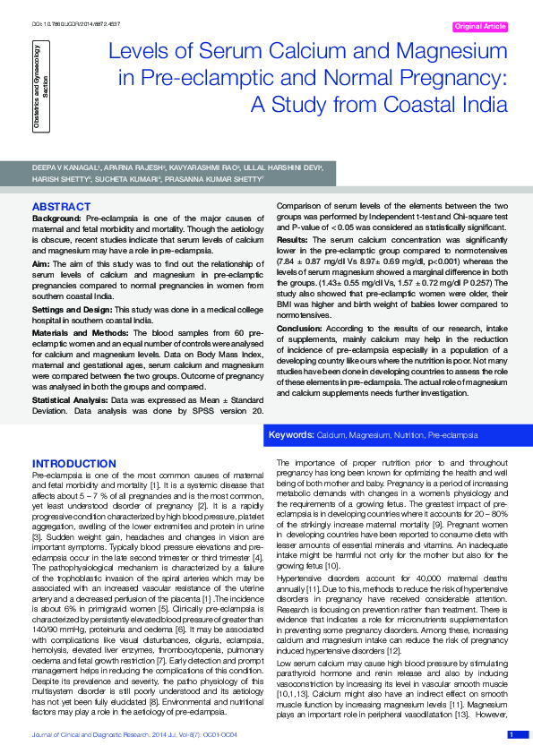 (PDF) Levels of Serum Calcium and Magnesium in Pre-eclamptic and Normal ...