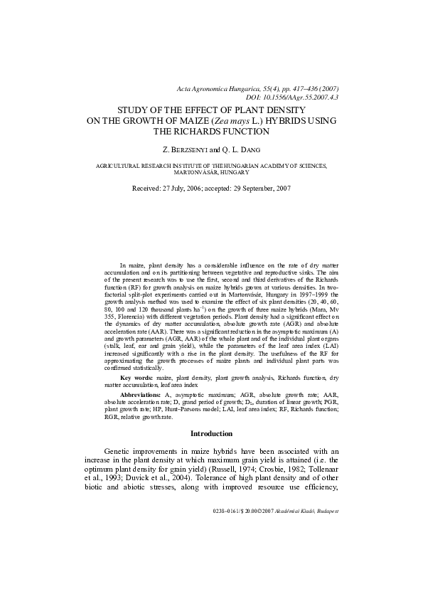 (PDF) Study of the effect of plant density on the growth of maize ( Zea ...