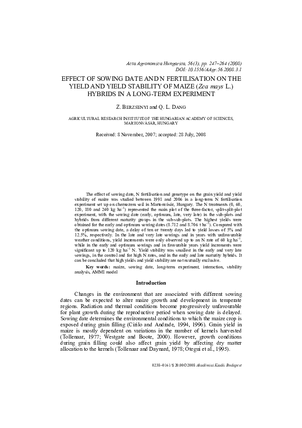 (PDF) Effect of sowing date and N fertilisation on the yield and yield ...